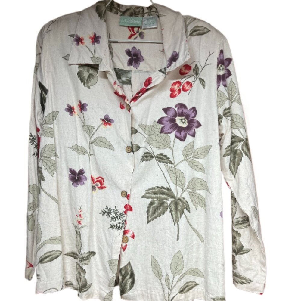 L 220 Hickory Cotten Linen blend floral shirt. Linen color background